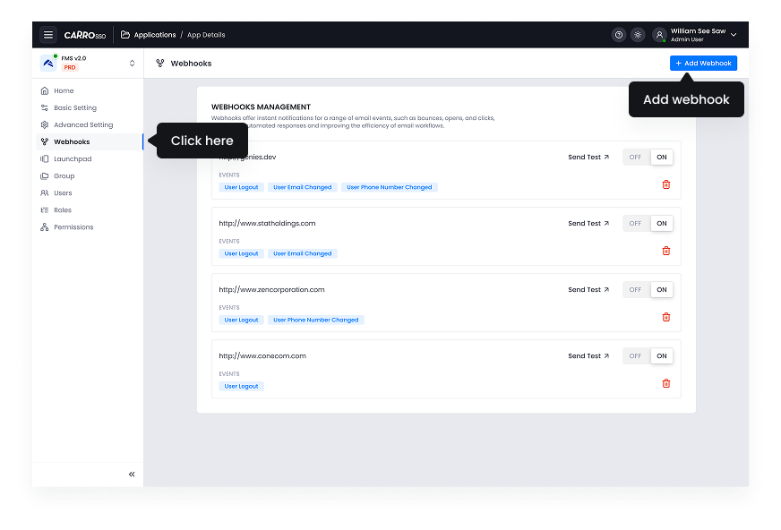 SSO Dashboard - Webhooks management