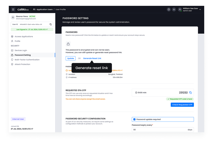 SSO Dashboard - Generate Reset Password
Link