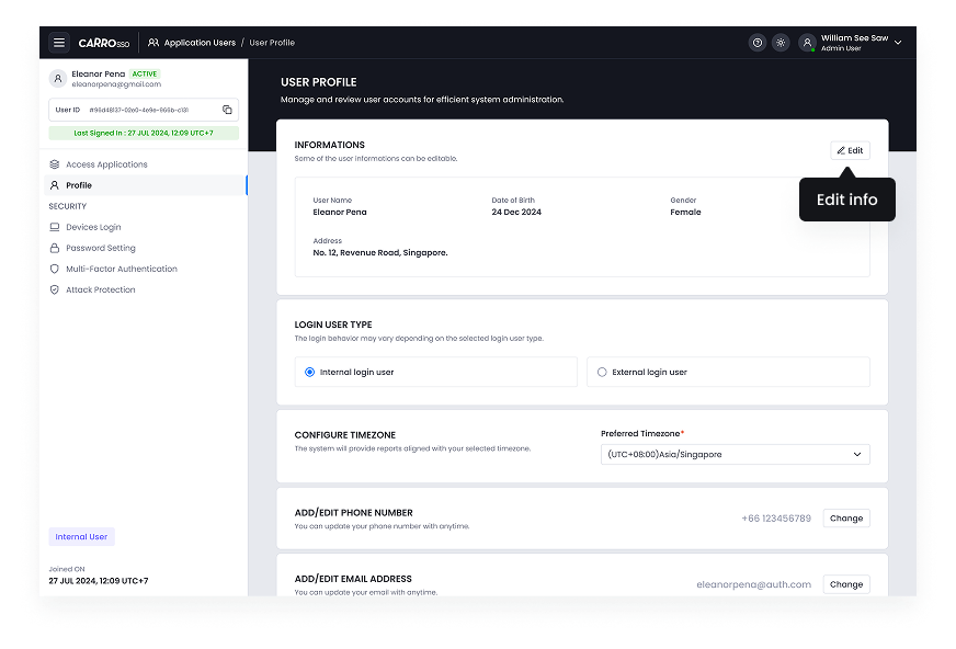 SSO Dashboard - Edit User Info